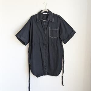 & Other Stories Black Cotton/Linen Topstitched Utility Shirt Mini Dress, size 10